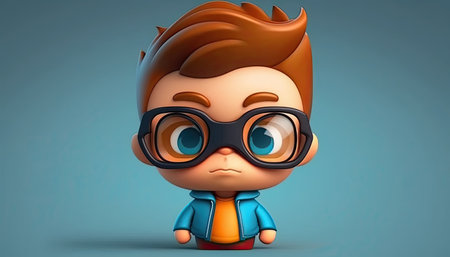 Nerd child wearing big glasses on a color background. Generative AI