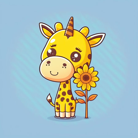 Beautiful sunflower and cute giraffe on a color background. Spring concept. Generative AIの写真素材