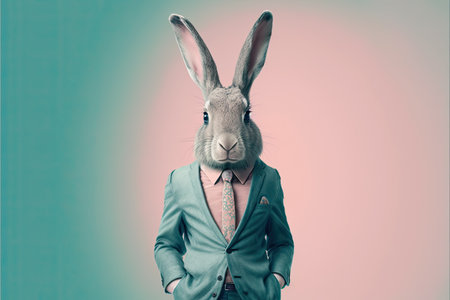 Elegant adult rabbit wearing a formal suit on a color background. Generative AI.の写真素材