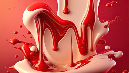 Creamy and thick liquid red and white splashing on a color background. Generative AIの写真素材