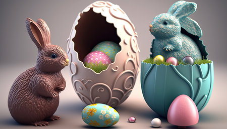 Easter rabbits and colorful eggs on a gray background. Generative AI