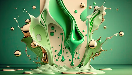 Dense liquid of mixed colors splashing and forming droplets on a colored background. Illustration...
