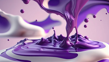 Dense liquid of mixed colors splashing and forming droplets on a colored background. Illustration...