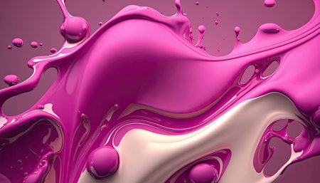Dense liquid of mixed colors splashing and forming droplets on a colored background. Illustration...
