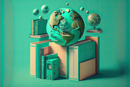 World book's day. Many books forming a globe in turquoise color. Generative AIの写真素材