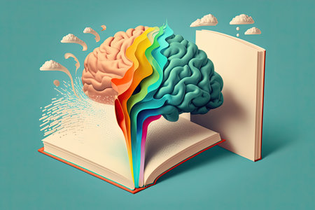 Human brain on a book and color background. Minimal abstract concept of school, culture,...