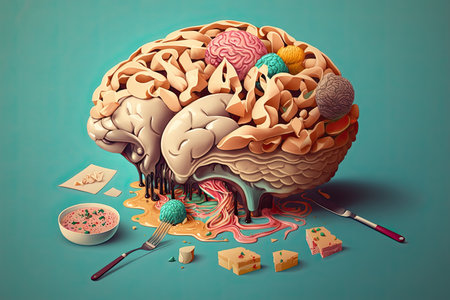 Food in a shape of a brain on blue background. Nutrition concept. Generative AI