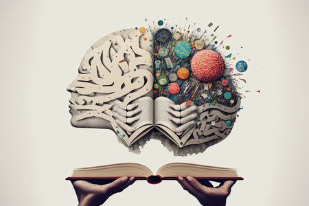 Human brain on a book and color background. Minimal abstract concept of school, culture, intelligence, reading or education. Generative AIの写真素材