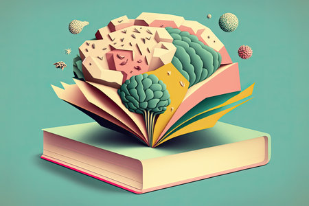 Human brain on a book and color background. Minimal abstract concept of school, culture,...