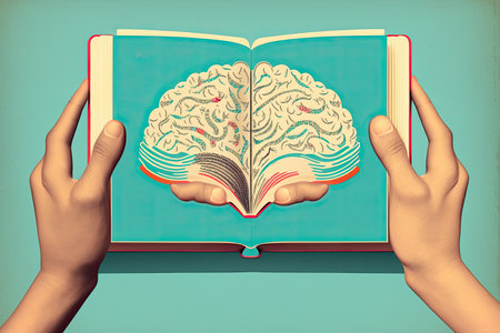 Human brain on a book and color background. Minimal abstract concept of school, culture, intelligence, reading or education. Generative AIの写真素材