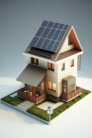 Solar panels on an idyllic 3D house. Natural resource of energy. Generative AI