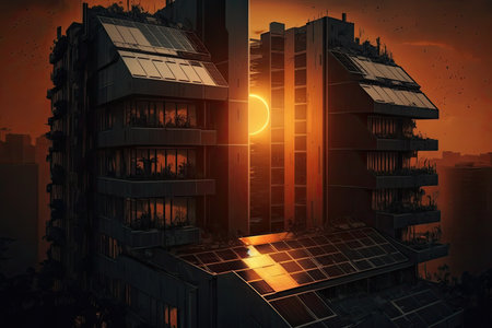 Solar panels on the roof of a big building in the city. Natural resource of energy. Generative AI