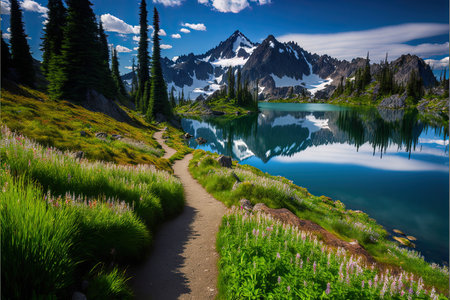 Idyllic spring landscape with clear mountain lake. Generative AIの写真素材