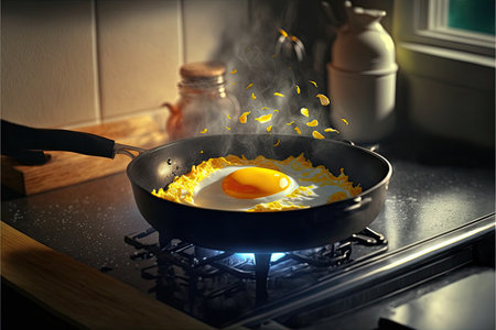 Frying eggs in a pan. Easy and taste breakfast cooking in kitchen. Generative AIの素材