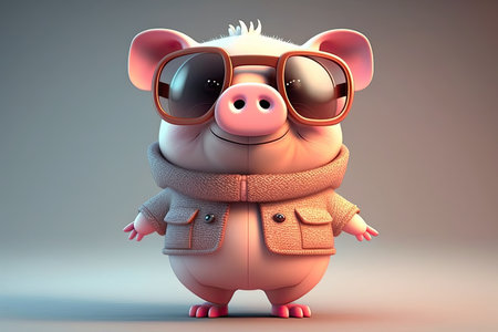 Funny pig wearing a cool jacket and sunglasses on a colorful background. Generative AIの写真素材