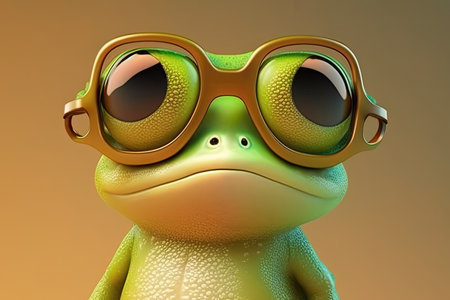 Portrait of a funny green grog wearing glasses on a colorful background. Generative AI