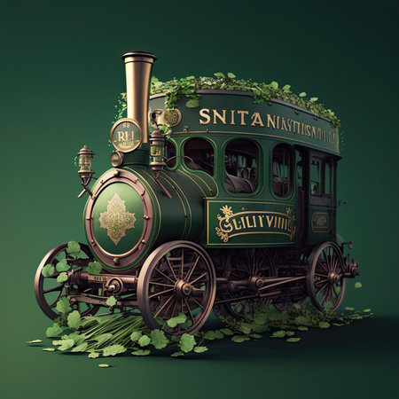 Green vintage train decorated for St. Patricks Day. Generative AI