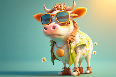Funny childish cow wearing sunglasses on a color background. Generative AIの写真素材
