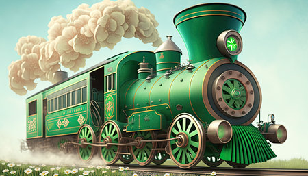 Green vintage train decorated for St. Patricks Day. Generative AIの写真素材