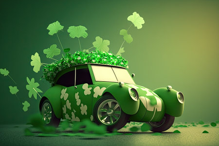 Green vintage car decorated for St. Patricks day , transport illustration. Generative AIの写真素材