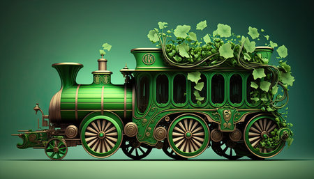 Green vintage train decorated for St. Patricks Day. Generative AI