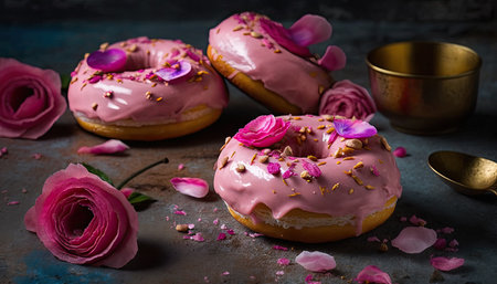 Pink donuts and flowers for any celebration on a dark background. Generative AIの写真素材