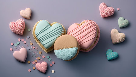 Colorful heart sweets for St. Valentine's Day, Mother's Day, or Birthday, decorated on color...
