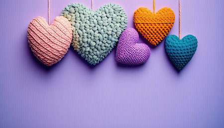 Many colorful crocheted hearts on a purple background. Generative AI