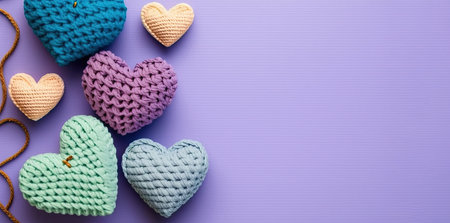 Many colorful crocheted hearts on a purple background. Generative AIの写真素材