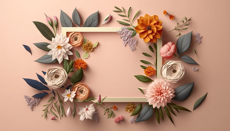 Flowery border frame with colorful flowers and little leaves, for banner, invitation, wedding card....