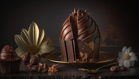 Elaborated chocolate desserts from a prestigious chef. Dark background. Generative AI