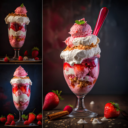 Tasty strawberries dessert on a dark background. Professional advertising photography. Generative AIの写真素材