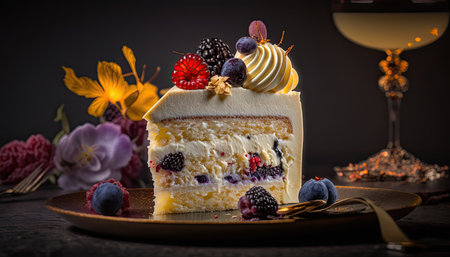 Tasty white chocolate cake on a dark background. Professional advertising photography. Generative AI