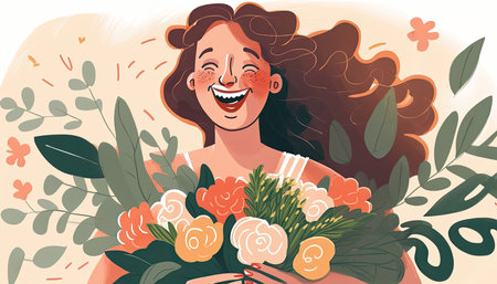 Surprised attractive woman holding flower bouquet and looking at camera. Present for birthday, Mother's day, or other celebration. Generative AIの写真素材