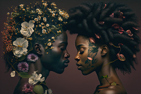 Profile of a couple with their faces together and surrounded by flowers on black background. Relationship and love concept. Generative AIの写真素材