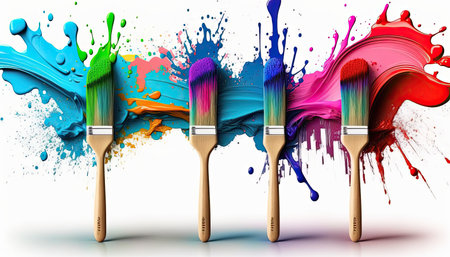 Set of brushes with different paints on white background, flat lay. Rainbow colors. Generative AIの写真素材