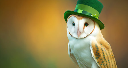 White owl with green hat. Saint Patrick Day. Generative AIの写真素材