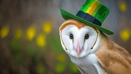White owl with green hat. Saint Patrick Day. Generative AIの写真素材