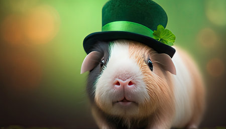Cute mouse with green St. Patrick's day hat on blurred colored background. Generative AIの写真素材