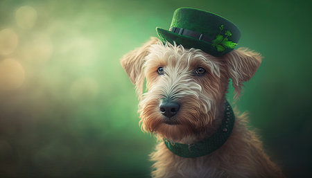 Cute Dog with Green St. Patrick's Day Hat on blurred colored background. Generative AIの写真素材