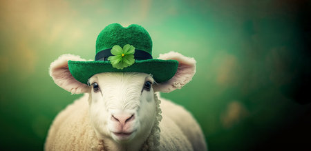 Funny sheep wearing a hat decorated with a shamrock on a blurred background. Animal celebrating Saint Patrick day. Generative AIの写真素材