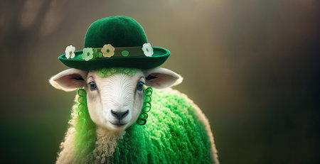 Funny sheep wearing a hat decorated with a shamrock on a blurred background. Animal celebrating...