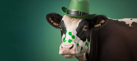 Funny cow wearing a green cat celebrating Saint Patrick Day on a blurred background. Generative AIの写真素材