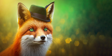 Cute fox wearing green hat celebrating Saint Patrick Day on a blurred background. Generative AI