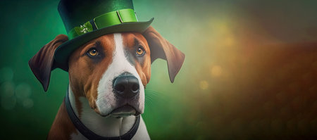 Cute Dog with Green St. Patrick's Day Hat on blurred colored background. Generative AIの写真素材