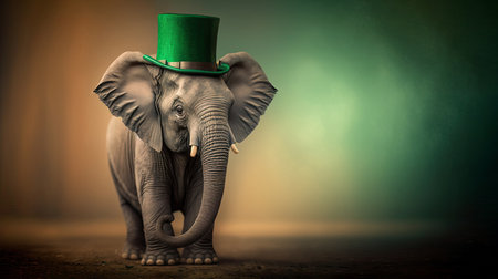 Large elephant wearing green hat with a shamrock on a blurred background. Celebrating Saint Patrick Day. Generative AIの写真素材