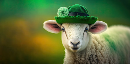 Funny sheep wearing a hat decorated with a shamrock on a blurred background. Animal celebrating Saint Patrick day. Generative AIの写真素材