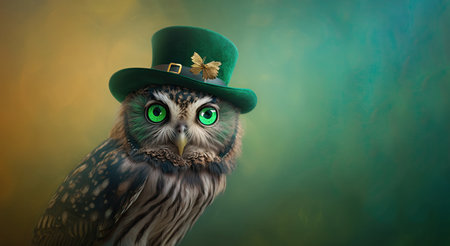 Small owl with green hat celebrating Saint Patrick Day on a blurred background. Generative AIの写真素材