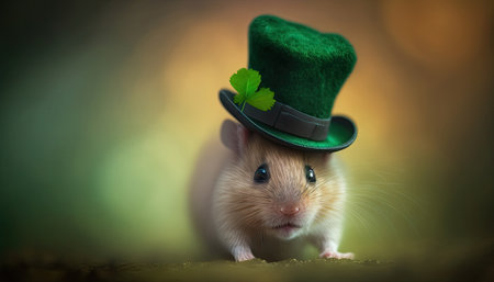 Cute mouse with green St. Patrick's day hat on blurred colored background. Generative AIの写真素材