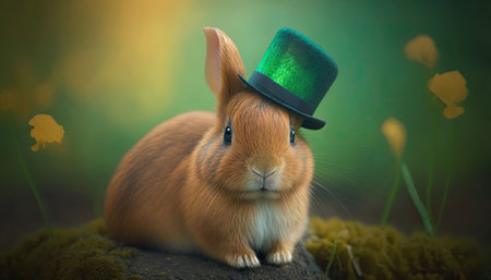 Cute rabbit wearing a green hat celebrating Saint Patrick Day on a blurred background. Generative AIの写真素材